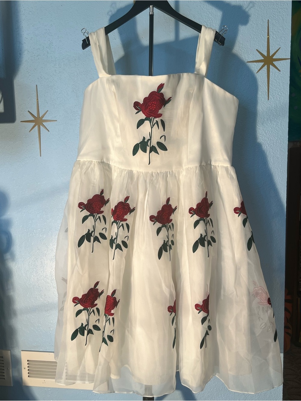Tatyana White Dress with Red Rose Embroidery